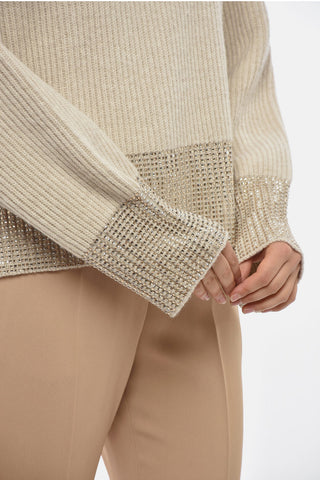 Maglia Girocollo in Lana a Costine Impreziosita da Strass