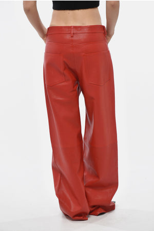 Pantaloni a Gamba Larga in Pelle a Vita Alta
