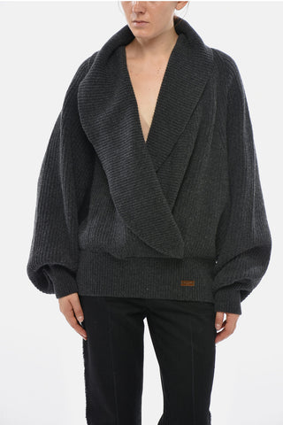 Ribbed Wool Pullover With Batwing Sleeves