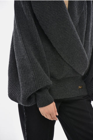 Ribbed Wool Pullover With Batwing Sleeves