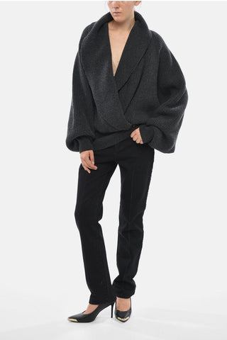 Ribbed Wool Pullover With Batwing Sleeves