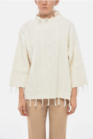 Wool-Blend Cable-Knit Sweater with Mock Neck and Fringed Details