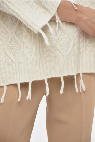 Wool-Blend Cable-Knit Sweater with Mock Neck and Fringed Details