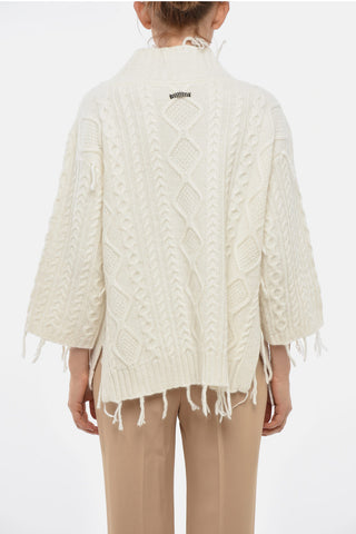 Wool-Blend Cable-Knit Sweater with Mock Neck and Fringed Details