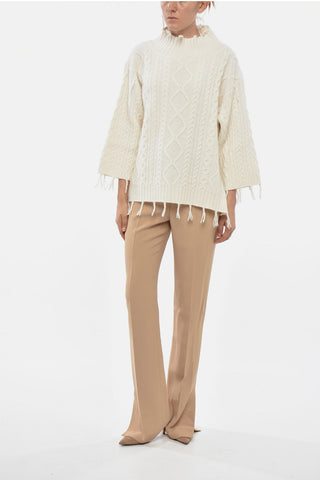 Wool-Blend Cable-Knit Sweater with Mock Neck and Fringed Details