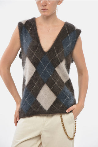 Cashmere V-Neck Sweater with Argyle Pattern