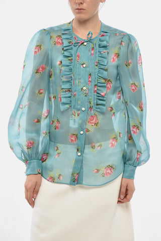 Cannolé Ruffled Blouse In Sheer Silk With Floral Pattern