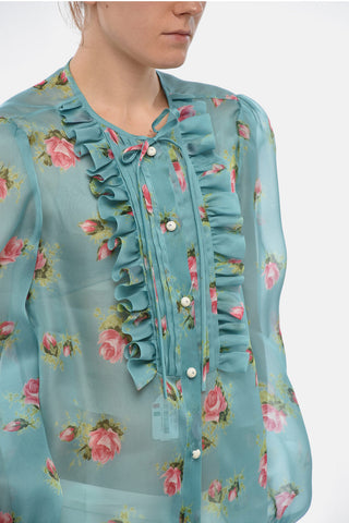 Cannolé Ruffled Blouse In Sheer Silk With Floral Pattern
