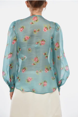 Blusa Rouches Cannolé in Seta Trasparente a Motivo Floreale