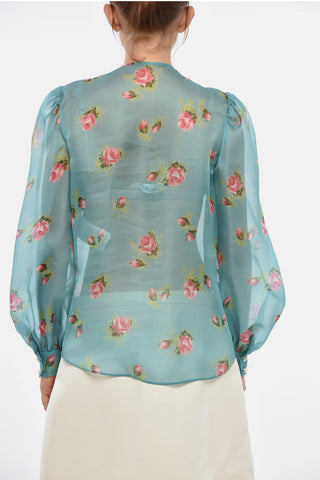 Cannolé Ruffled Blouse In Sheer Silk With Floral Pattern