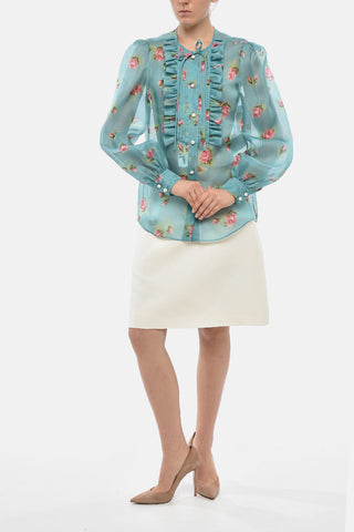 Cannolé Ruffled Blouse In Sheer Silk With Floral Pattern