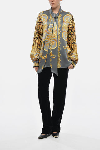 Camicia Tie Neck in Seta a Motivo Animalier e Barocco