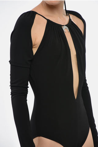 Body in Tessuto Stretch a Maniche Lunghe con Charm Impreziosito da Strass