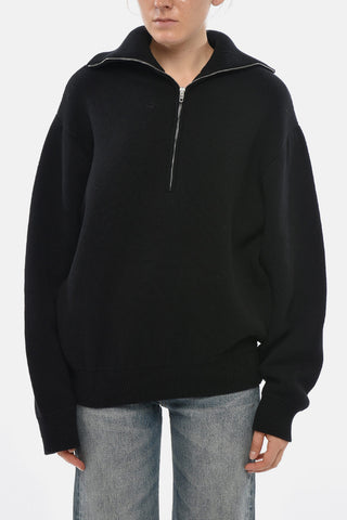 Pullover a Collo Alto in Puro Cotone con Mezza Zip