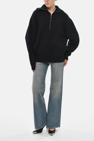 Pullover a Collo Alto in Puro Cotone con Mezza Zip