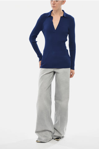 Ribbed Merino Wool Polo-Neck Sweater