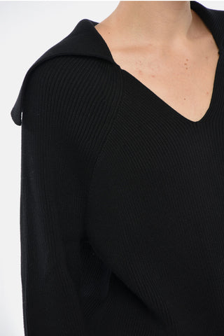 Maglia in Misto Cotone a Costine con Colletto Effetto Mantella