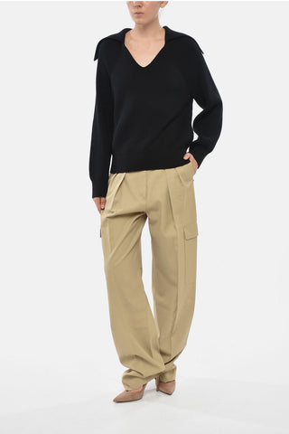 Maglia in Misto Cotone a Costine con Colletto Effetto Mantella
