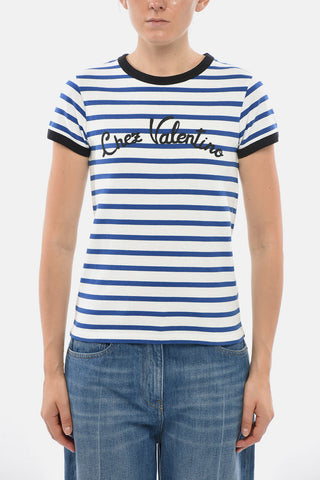 T-Shirt Girocollo a Righe con Logo Ricamato