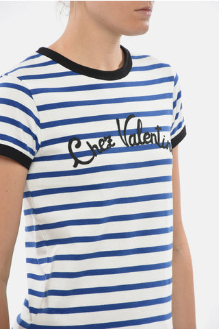 T-Shirt Girocollo a Righe con Logo Ricamato
