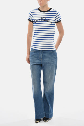 T-Shirt Girocollo a Righe con Logo Ricamato