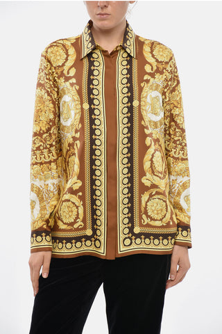 Baroque-Print Silk Shirt with Gold-Effect Buttons