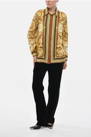 Baroque-Print Silk Shirt with Gold-Effect Buttons