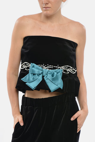 Velour Crop Top With Contrasting Bow