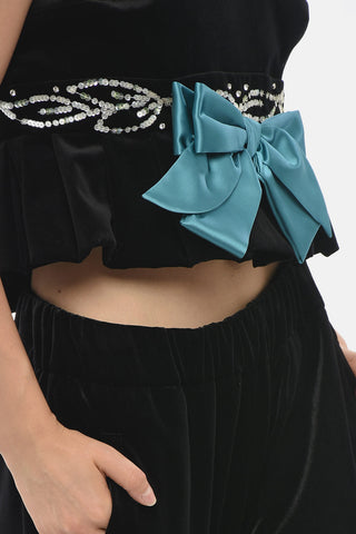 Velour Crop Top With Contrasting Bow