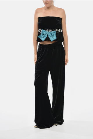 Velour Crop Top With Contrasting Bow