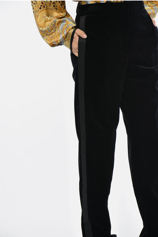Pantaloni in Velour con Banda Laterale Tono su Tono