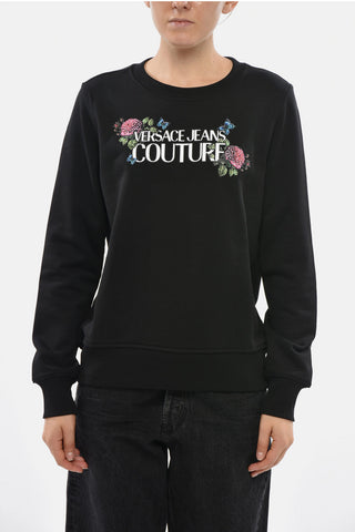 JEANS COUTURE Brushed-Cotton Crewneck Sweatshirt with Print Embellished with Rhinestones