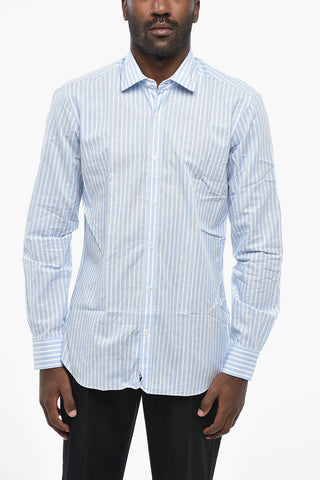 DANDYLIFE Camicia in Lino e Cotone a Righe con Collo Francese