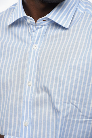 DANDYLIFE Camicia in Lino e Cotone a Righe con Collo Francese