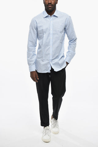 DANDYLIFE Camicia in Lino e Cotone a Righe con Collo Francese