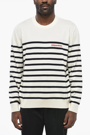 Maglia Girocollo in Lana a Righe con Logo Ricamato