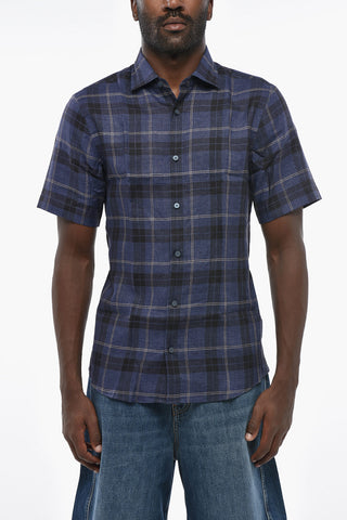 ZZEGNA Camicia Slim Fit in Lino Motivo Plaid a Maniche Corte