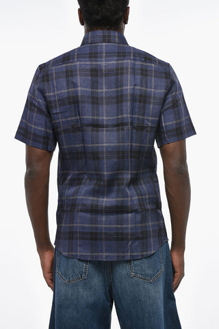 ZZEGNA Camicia Slim Fit in Lino Motivo Plaid a Maniche Corte