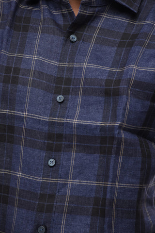 ZZEGNA Camicia Slim Fit in Lino Motivo Plaid a Maniche Corte