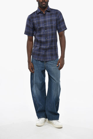 ZZEGNA Camicia Slim Fit in Lino Motivo Plaid a Maniche Corte