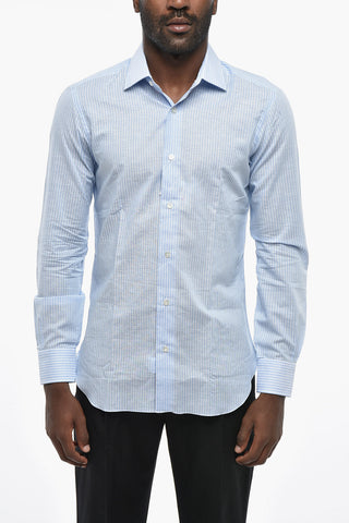Camicia in Cotone e Lino a Righe con Collo Francese