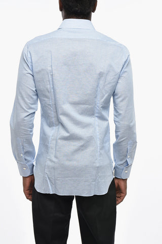 Camicia in Cotone e Lino a Righe con Collo Francese