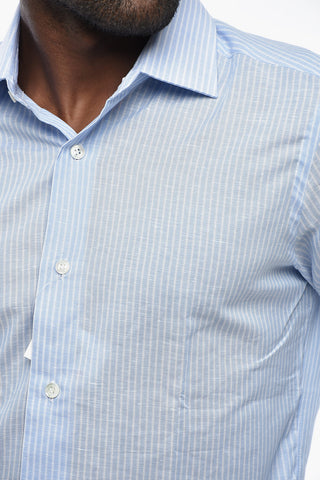 Camicia in Cotone e Lino a Righe con Collo Francese