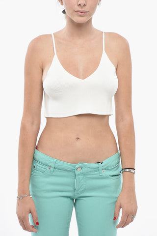 Ribbed Crop Top with V-Neck and Silver-Metal Monogram