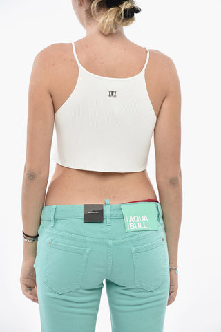 Ribbed Crop Top with V-Neck and Silver-Metal Monogram