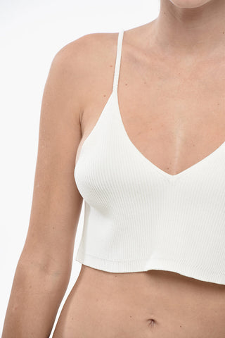Ribbed Crop Top with V-Neck and Silver-Metal Monogram