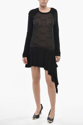 ICON semi-transparenter Langarmkleid mit asymmetrischem Saum und Strass-Details