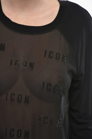 ICON semi-transparenter Langarmkleid mit asymmetrischem Saum und Strass-Details