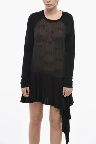 ICON semi-transparenter Langarmkleid mit asymmetrischem Saum und Strass-Details
