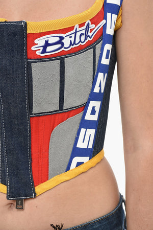 Top Crop in Denim con Spalline Logate